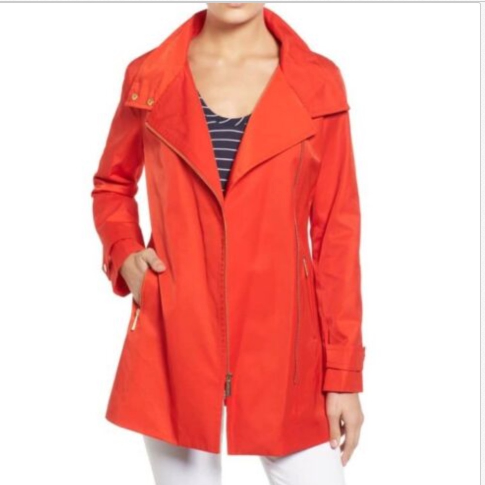 Poppy Red Asymmetrical Zip Stand Collar Jacket